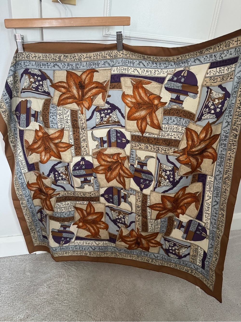 betmar Floral & Geometric Silk Scarf in Brown, Orange & Purple